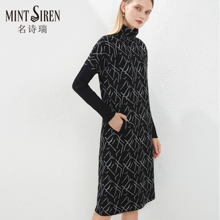 MintSiren堆堆领套头长袖连衣裙秋冬黑色高领打底中长厚款毛衣裙