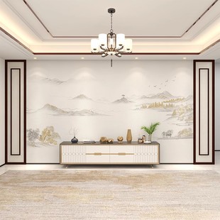中式禅意山水壁纸，电视机沙发背景墙壁纸客厅，影视墙布卧室壁画