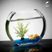 创意桃花玻璃鱼缸金鱼缸(金鱼缸，)扁圆形迷你中小型懒人客厅办公桌面水族箱