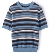 2023春夏法式蓝绿条纹短袖，套头女棉线上衣圆领，拼色针织t恤