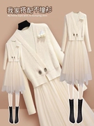 针织连衣裙女士2023秋冬季马甲网纱裙，两件套装中长款毛衣裙子