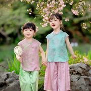 儿童真丝旗袍套装2024夏季古装，上衣裤子套装，复古民国女童汉服