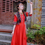 原创民族风女装少女，大红色复古连衣裙套装旅游度假写真拍照旅拍服