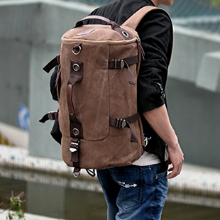 时尚帆布包韩版背包大容量单肩书包，男士圆桶包双肩(包双肩)包旅行包行李包