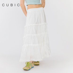 cubic法式高腰纯色通勤花边，层叠慵懒蓬蓬蛋糕裙