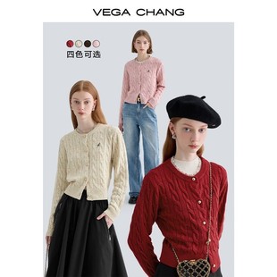 vegachang新年系列针织开衫女春秋，复古圆领绞花新年红针织衫