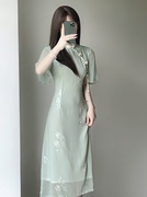 绿色雪纺绣花倒大袖旗袍，2023年夏季优雅气质淑女范连衣裙