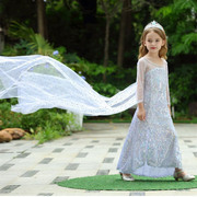 短袖冰雪奇缘2爱莎公主裙，女童拖地长裙连衣裙，儿童白色艾莎礼服裙