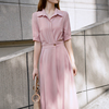 轻熟风粉色衬衫领连衣裙长裙2023夏设计(夏设计)感小众，收腰显瘦气质a字裙
