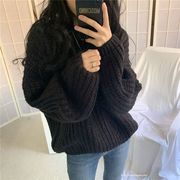 日系设计感毛衣女2023年冬季粗线宽松慵懒外穿重工黑色针织衫