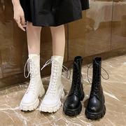 小个子增高马丁靴英伦风高帮女鞋2023春秋季厚底单靴白色中筒靴子