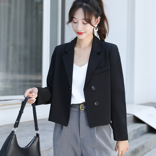 小个子黑色长袖西装外套，女2023春秋设计感小众职业短款上衣