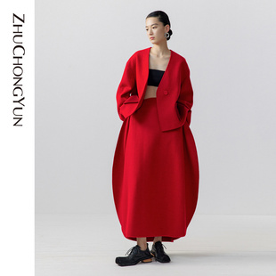 zhuchongyun2023春款设计感宽松落肩红色保暖毛呢，短外套