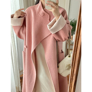温柔粉色双面手工羊毛大衣女冬季设计感双色中长款羊毛呢外套