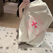 粉色刺绣梵文字母十字架衬衫女2023春夏时髦百搭洋气减龄衬衣