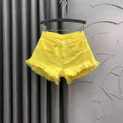 黄色高腰牛仔短裤女休闲夏天时尚，个性毛边流苏，a字阔腿热裤潮