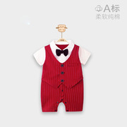 韩国男宝宝周岁礼服夏装红色婴儿一百天抓周连体衣服绅士西装套装