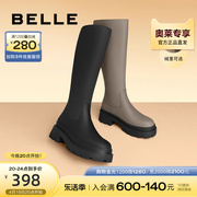 百丽弹力骑士靴女款冬季长靴子厚底女靴加绒长筒靴B1041DG2