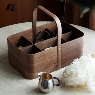 黑胡桃木手提茶具收纳盒夏克盒，茶空间摆件软装饰杂物盒野餐篮子
