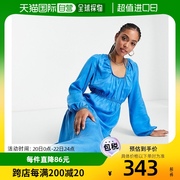 香港直邮潮奢 Topshop 女士 褶皱层叠打结领深蓝色中长连衣裙