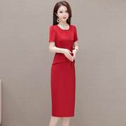 洋气红色假两件连衣裙女2024年夏季韩版气质修身女装包臀