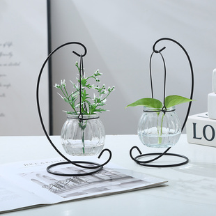 创意铁架水培绿萝玻璃花瓶，容器盆办公室内桌面，绿植现代摆件装饰品