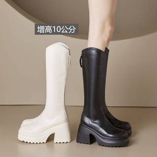 增高10厘米厚底高筒靴女2023秋冬季加绒高跟，靴子小个子骑士靴