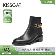 接吻猫靴子冬季金属k扣短靴加绒保暖真皮中粗跟时装骑士靴女