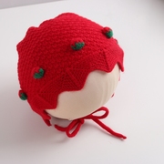 宝宝毛线帽子秋冬季婴幼儿护耳帽可爱草莓针织帽大红色新生儿胎帽