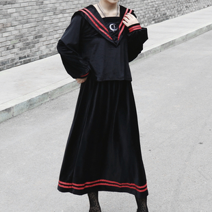 miub原创学院jk水手服套装，套服秋季街头金丝绒长袖，海军领黑色女裙