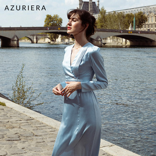 AZURIERA法式浅蓝色真丝长袖连衣裙设计感秋装系带抽褶茶歇裙长裙