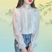 新中式时尚荷叶边蕾丝雪纺衬衫女长袖2024春季设计感洋气小衫