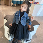 女童秋季套装，2024韩版洋气黑色连衣裙儿童秋装，牛仔外套春装