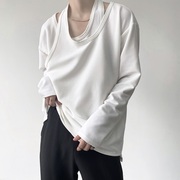 秋季个性假两件双层领子小众长袖T恤男韩版宽松内搭设计感卫衣潮