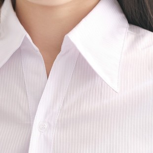 薄大码白蓝衬衫m女修身收腰v领斜竖条纹长短袖，职业ol工作正装上衣