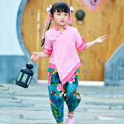 中国风夏季上学个月碎花上衣短袖大裆裤子上学套装孩子模特走秀装