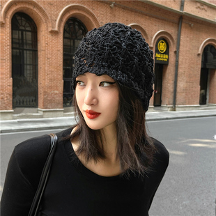 春秋帽子女薄款镂空包头帽(包头帽，)针织时尚套头帽，韩版户外透气单层毛线帽