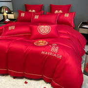 新中式大红高档刺绣，非全棉被套婚庆水洗棉，四件套结婚被褥全套七促
