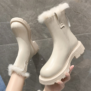 白色雪地靴女冬季毛绒平底加厚绒保暖棉鞋中筒马丁靴后拉炼短靴子