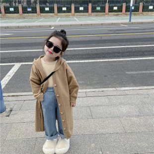 韩国童装女童中长款针织外套2024春款儿童连帽毛线衣宝宝时尚开衫