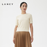lancy朗姿2023秋季白色套头衫，女圆领高端短袖针织衫短款上衣