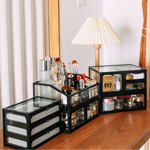 黑色大容量玻璃化妆品收纳盒桌面带抽屉透明护肤品化妆收纳置物架