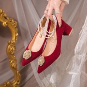 红色婚鞋带绑带2022年绑带，新娘婚鞋子红色，高跟鞋女秀禾婚纱两