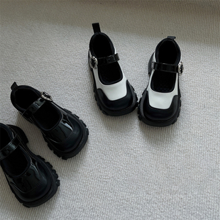 2024春季儿童黑白色方头皮鞋，女童复古厚底，潮牌单鞋男童休闲鞋