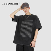 JMK EXDVATIE美式潮牌设计感满印字母印花街头嘻哈水洗短袖t恤男