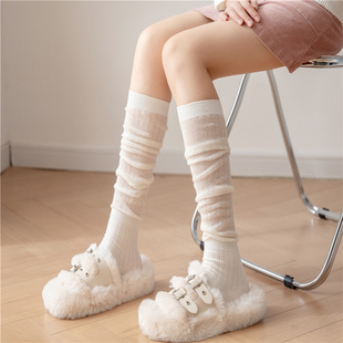 白色堆堆袜日系jk小腿袜，搭配靴子女春秋冬竖条纹过膝长筒灰色中筒