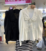 韩国东大门春季时尚气质，甜美宽松白色娃娃领长袖，衬衫女装