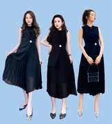 2023夏季韩版女装 雪纺时尚连衣裙 修身显瘦气质百褶裙 无袖