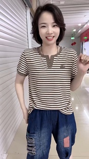 夏装短袖T恤女条纹剪领设计感天鹅钻宽松显瘦半袖体恤上衣