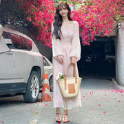 卡卡女装《樱花树下》油画，感翠花连衣裙假两件长裙潮